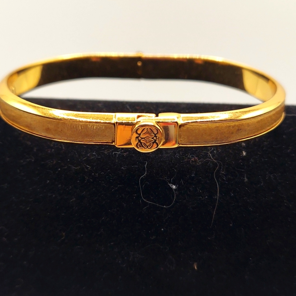 LOEWE Brown Leather Gold Hardware Hinged Bangle Bracelet Small.